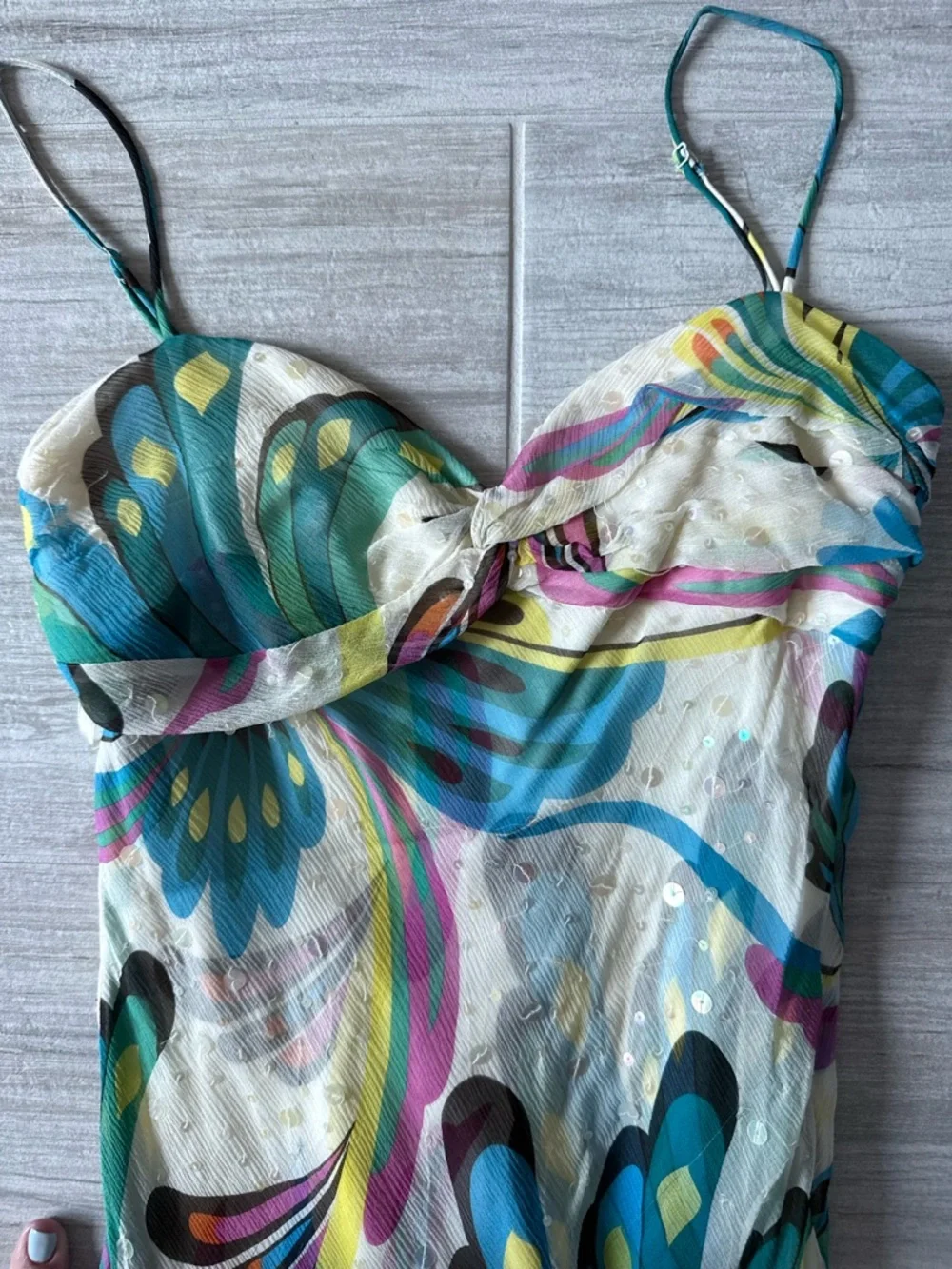 BCBGMaxAzria Butterfly White Maxi Dress with Teal, Blue & Pink Floral Print - Picture 2 of 8